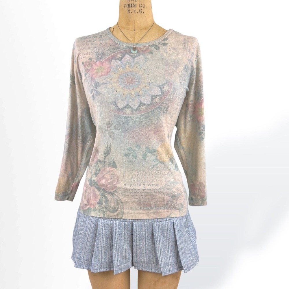 2000s Womens XL Fairy Grunge Floral Rhinestoned Long Sleeve Top Y2K Pastel